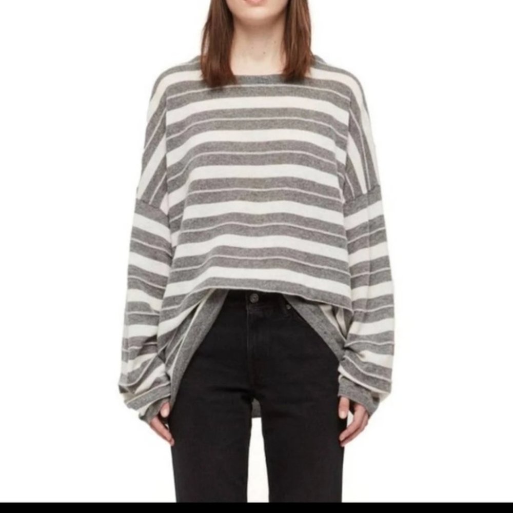 ALL SAINTS 'Cassia' Jumper Grey White Wool + Alpaca Striped Oversized Sweater